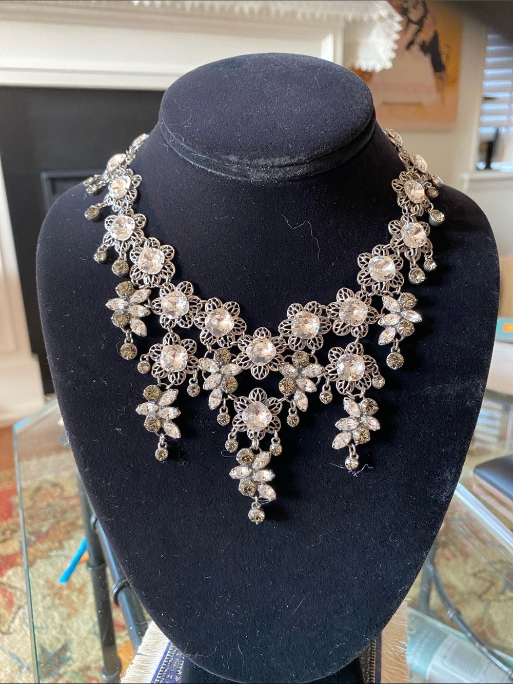 Crystal Floral Statement Necklace - Silver-Tone